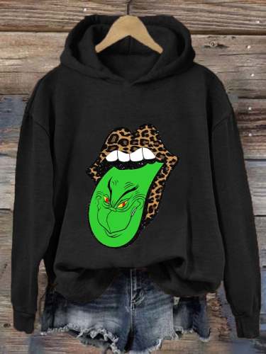 Women's Christmas Green Furry Monster Print Casual Hooded Sweatshirt