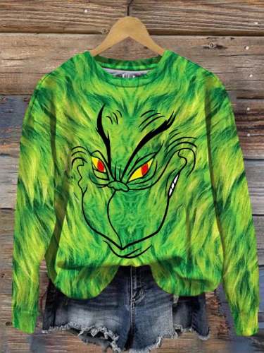 Women's Christmas Green Furry Print Sweatshirt
