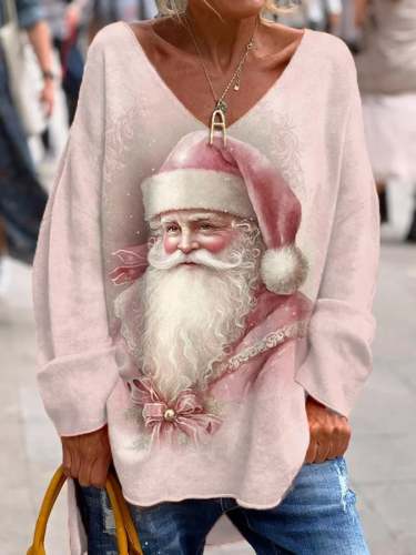Women's Pink Santa Claus Print Christmas Casual V-Neck Top