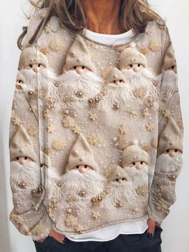 Women's Beige Winter Snow Christmas Gnomes Print Casual Long-Sleeve T-Shirt