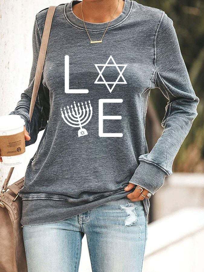 Women's Love Hanukkah Menorah Print Casual Sweatshirt