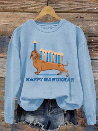Women's Weiner Dog Menorah Hanukkah Print Casual Sweatshirt