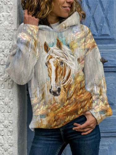 Women's Oil Painting Horse Print Horse Lovers Casual Hoodie
