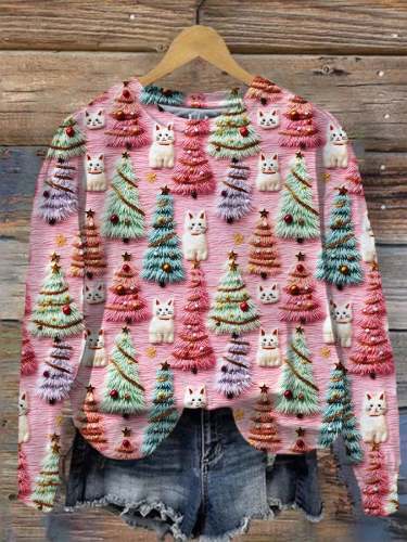 Women's Plush Christmas Tree Cat Print Sweatshirt