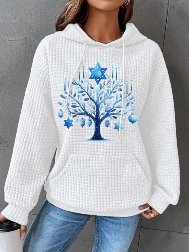 Women's Hanukkah Blue Menorah Tree Print Waffle Hooded Sweatshirt