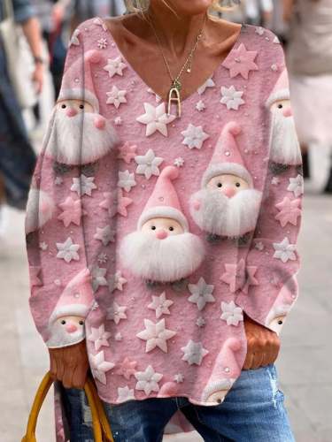 Women's Christmas Santa Print V-Neck Long Sleeve Top