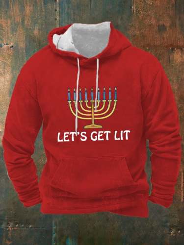 Men's Let's Get Lit Shirt Hanukkah Print Casual Hoodie