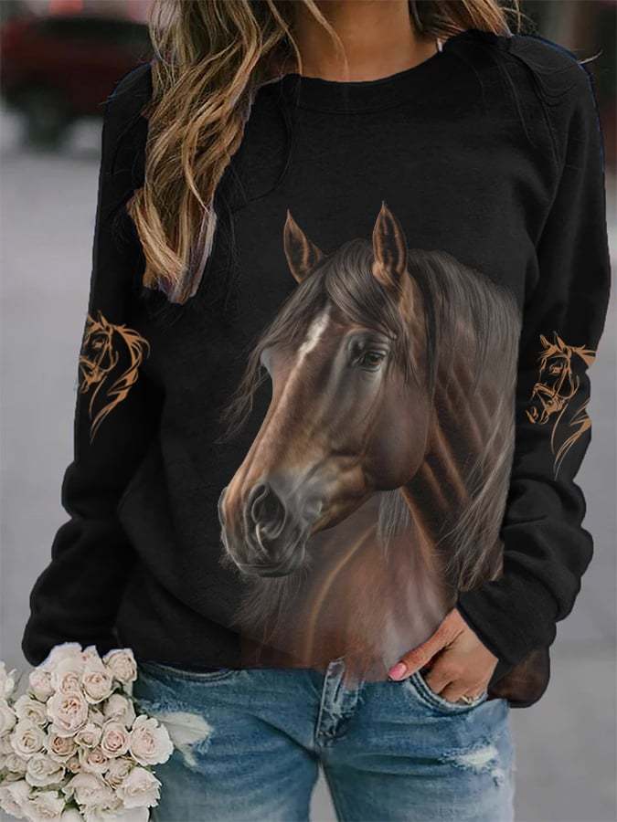Women's Casual Retro Western Horse Print Sweatshirt