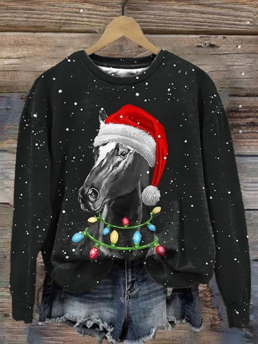 Christmas Horse Print Crew Neck Sweatshirt