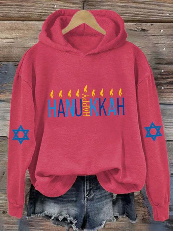 Women's Happy Hanukkah Print Hooded Sweatshirt