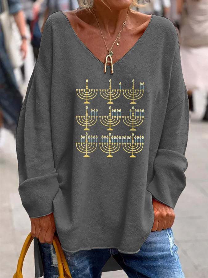 Women's Happy Hanukkah Print V-Neck Long Sleeve Top