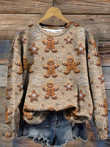Christmas Gingerbread Print Casual Crew Neck Sweatshirt