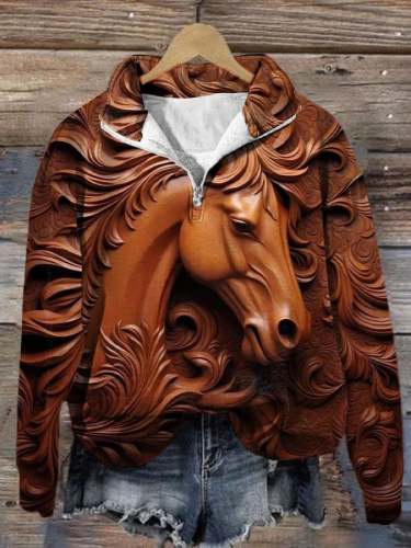 Women's Vintage Horse Print Zip Lapel Pullover Sweatshirt