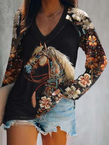 Women's Vintage Horse Floral Print T-Shirt