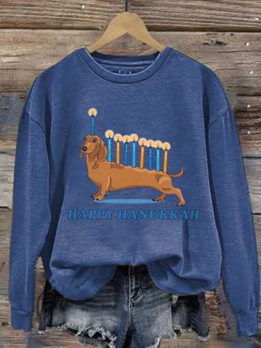 Women's Weiner Dog Menorah Hanukkah Print Casual Sweatshirt