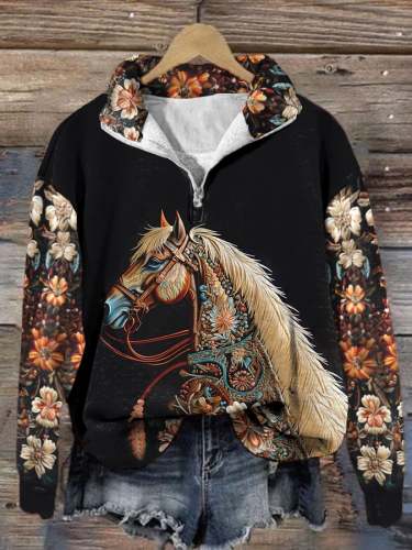 Women's Vintage Horse Floral Print Zip Lapel Pullover Sweatshirt