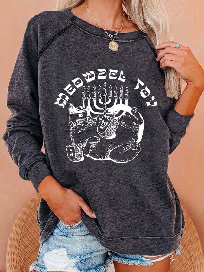 Women's Hanukkah Meowzel Tov Print Casual Sweatshirt