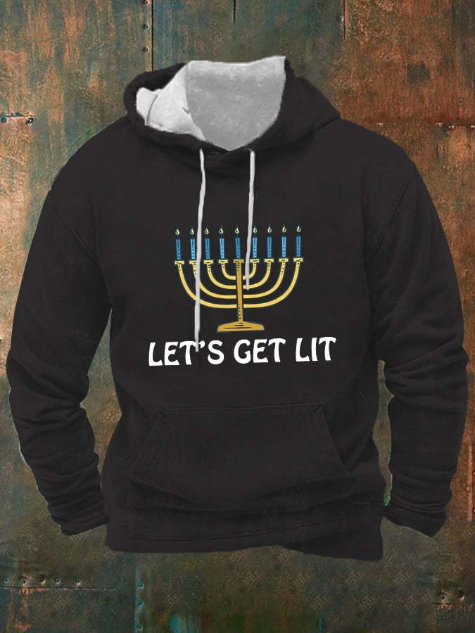 Men's Let's Get Lit Shirt Hanukkah Print Casual Hoodie