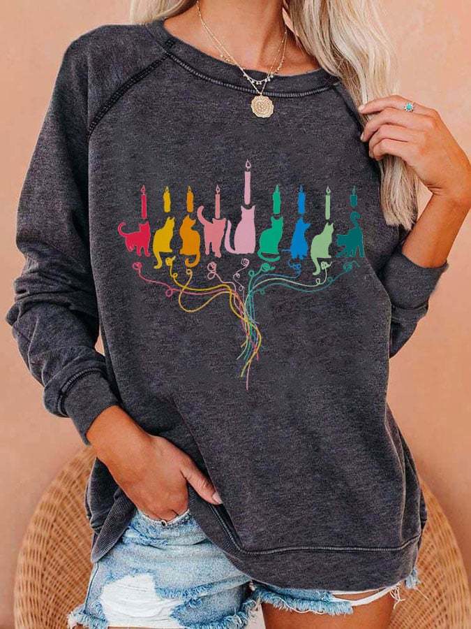 Women's Funny Cat Hanukkah Print Casual Sweatshirt