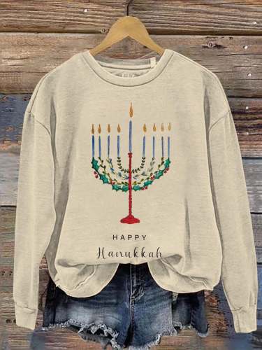 Candle Happy Hanukkah Art Print Pattern Casual Sweatshirt