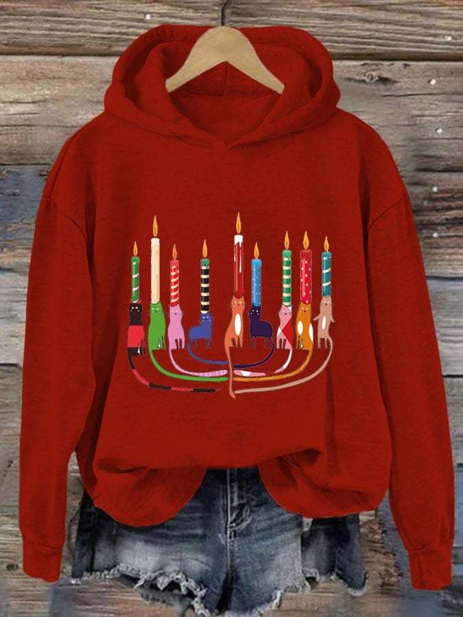 Women's Hanukkah Cat Menorah Print Hooded Sweatshirt