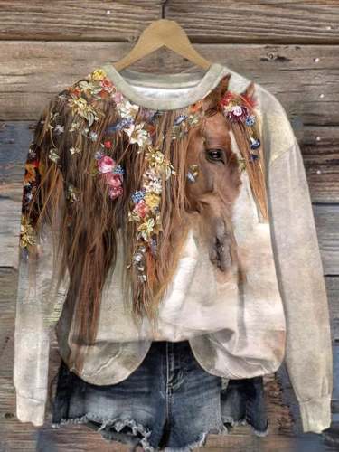 Women's Western Retro Horse Print Long Sleeve Sweatshirt