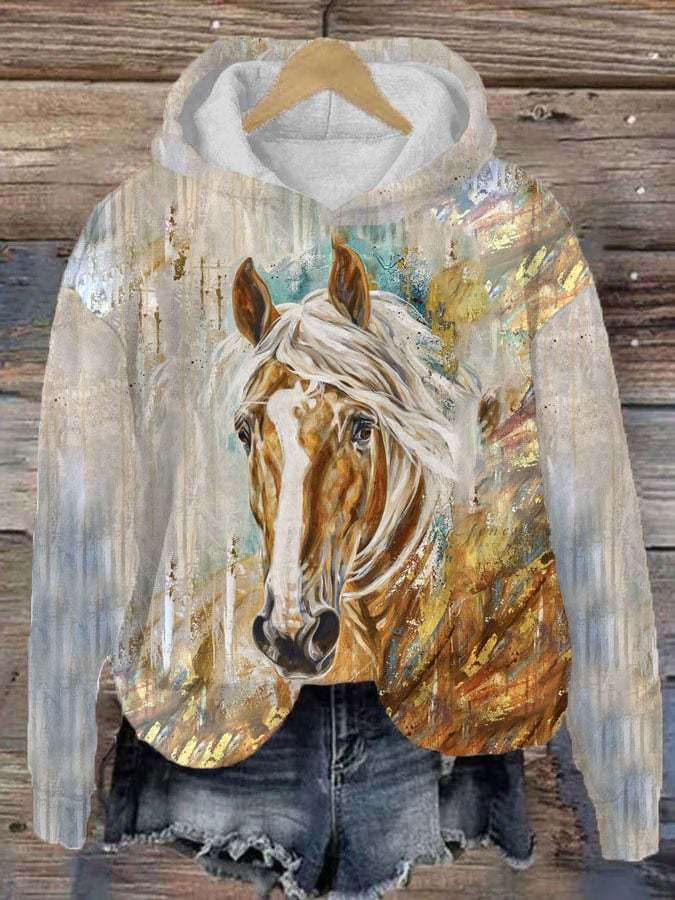 Women's Oil Painting Horse Print Horse Lovers Casual Hoodie
