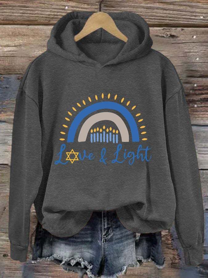 Women's Love And Light Hanukkah Print Hooded Sweatshirt