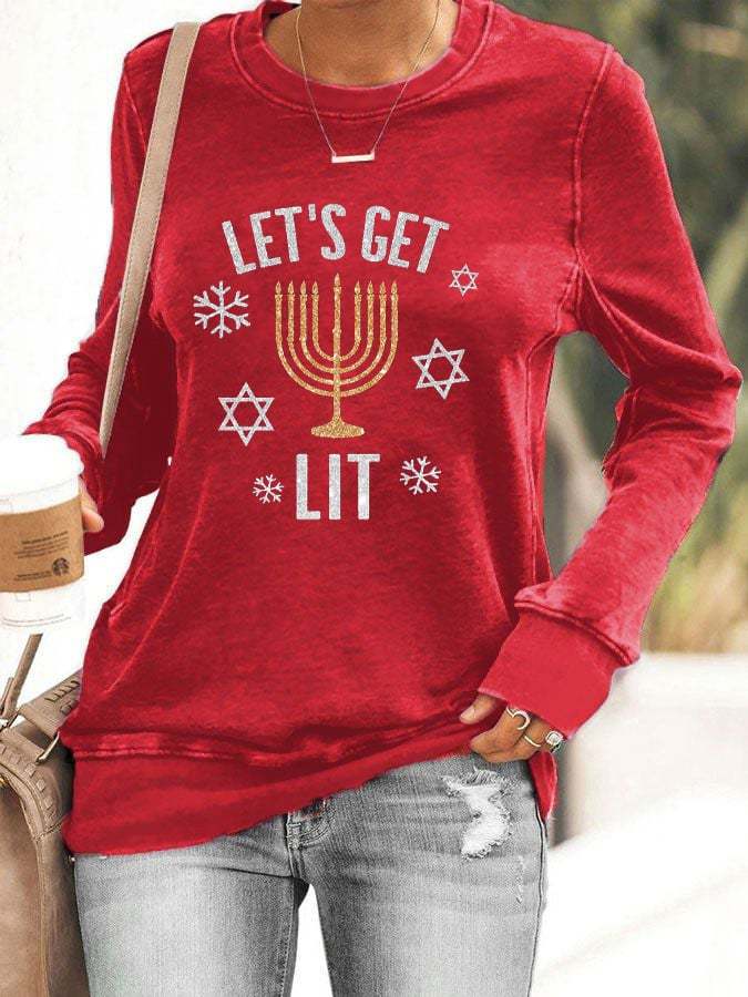Women's Let's Get Lit Shirt Hanukkah Print Casual Sweatshirt