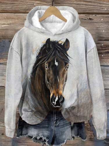 Women's Oil Painting Horses Print Casual Hoodie