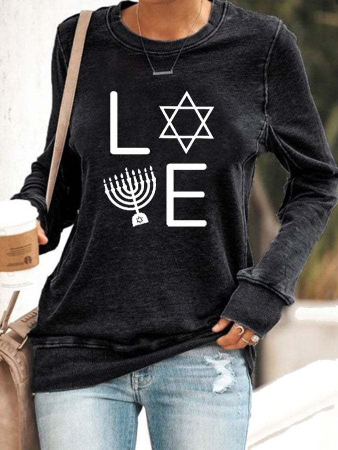 Women's Love Hanukkah Menorah Print Casual Sweatshirt