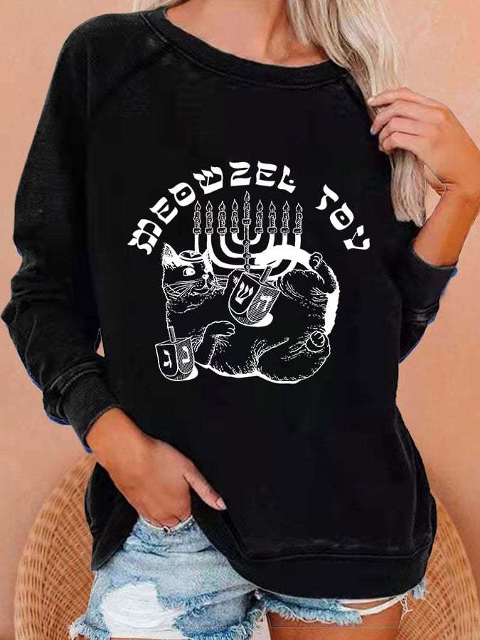 Women's Hanukkah Meowzel Tov Print Casual Sweatshirt