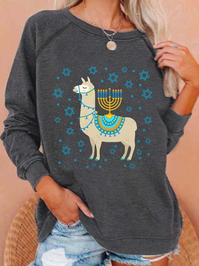 Women's Llama Hanukkah Print Casual Sweatshirt