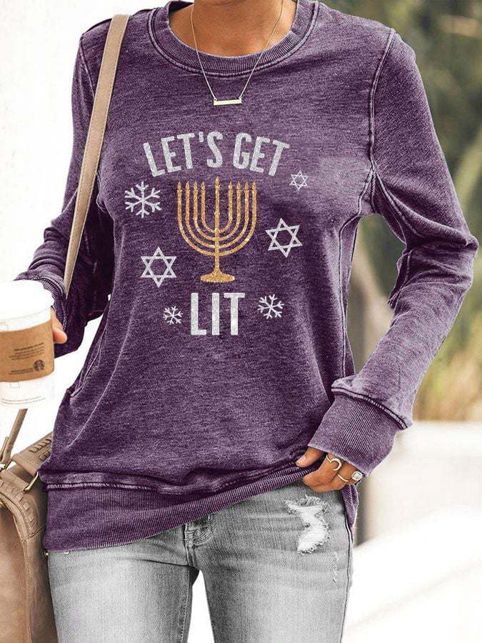 Women's Let's Get Lit Shirt Hanukkah Print Casual Sweatshirt