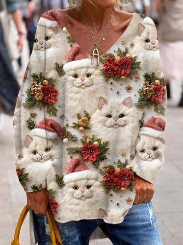 Retro Christmas Cat Print Loose V-neck Long-sleeved Top