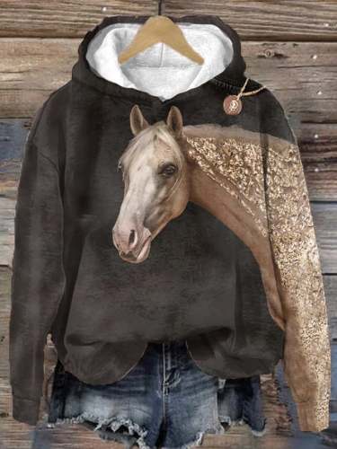 Women's Western Gold Foil Horse Print Hooded Sweatshirt