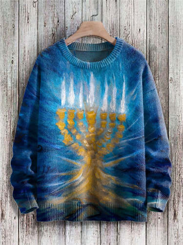 Hanukkah Candle Lit Art Print Knit Pullover Sweater