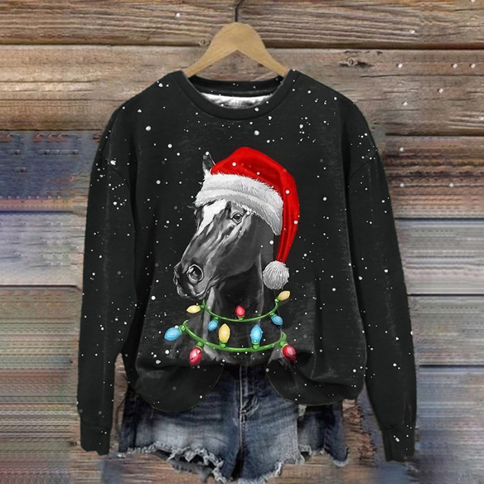 Christmas Horse Print Crew Neck Sweatshirt