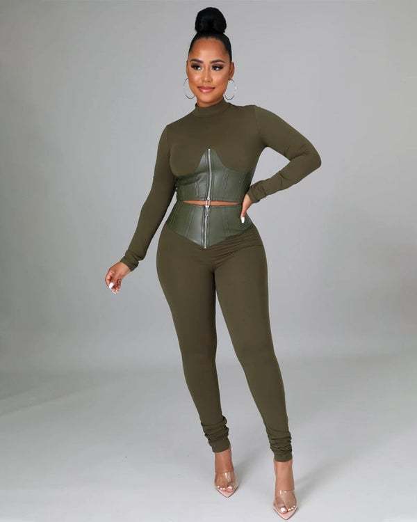 Tight-Fit PU Leather Long Sleeve Leggings Set