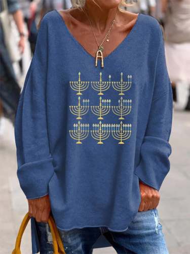 Women's Happy Hanukkah Print V-Neck Long Sleeve Top