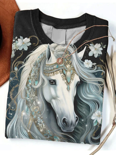 Western Horse Print Round Neck Long Sleeve T-Shirt