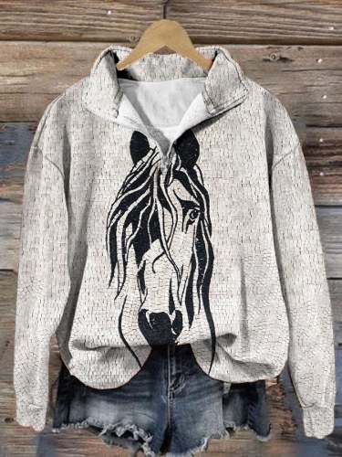 Women's Vintage Horse Print Zip Lapel Pullover Sweatshirt