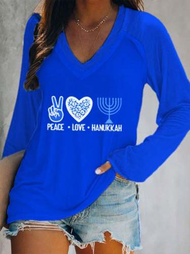 Women's Peace Love Hanukkah Print V-Neck T-Shirt