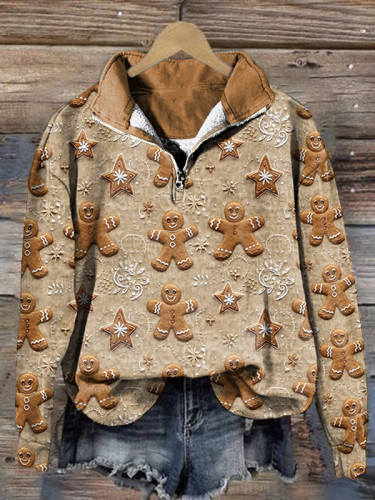 Christmas Gingerbread Print Boho Zip-up Sweatshirt
