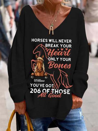 Women's Horses Never Break Your Heart Print V-Neck Long Sleeve Top