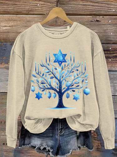 Blue Menorah Tree Happy Hanukkah Art Print Casual Sweatshirt