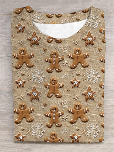Christmas Gingerbread Print Casual Round Neck Short Sleeve T-Shirt