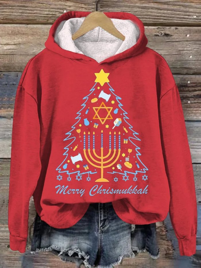 Women's Merry Chrismukkah Hanukkah Print Hooded Sweatshirt