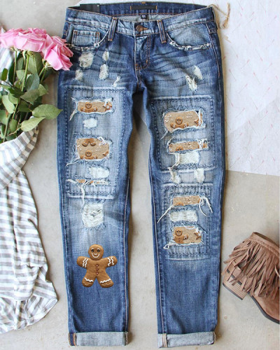 Christmas Gingerbread Print Casual Ripped Jeans