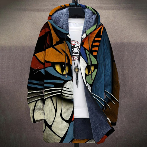 Abstract Art Cat Print Plush Long Sleeve Sweater Jacket Cardigan
